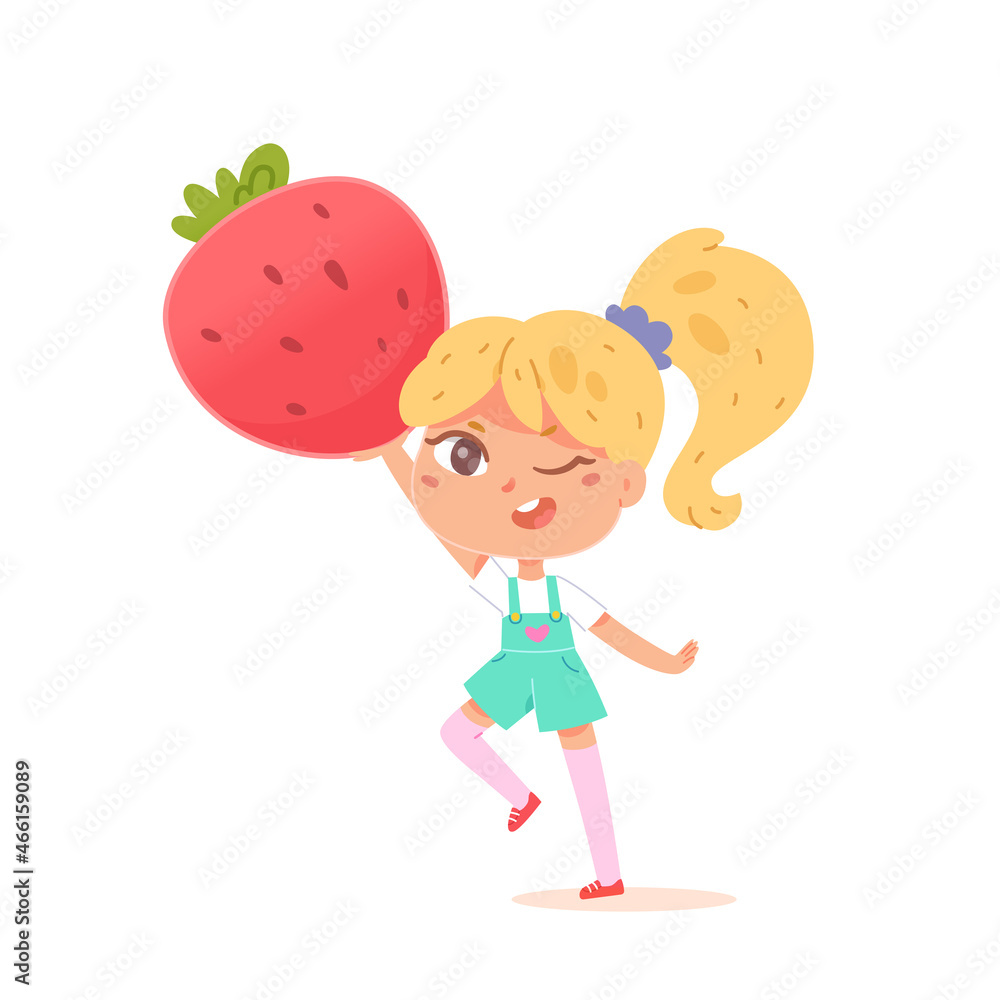 Cute girl holding juicy ripe strawberry, healthy sweet berry food for breakfast or lunch Cute girl holding juicy ripe strawberry, healthy sweet berry food for breakfast or lunch