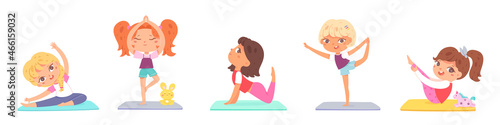 Set diverse kids practicing yoga performing different position exercising on mat vector illustration