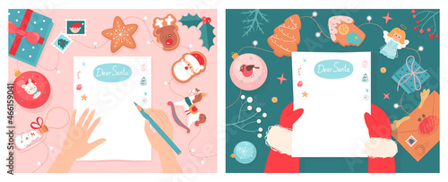 Christmas letter set, kids hand holding pencil to write letter, Santa Claus reading