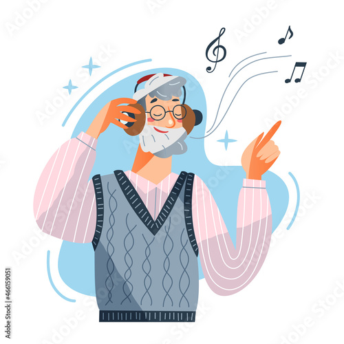 Elderly man with headphones listening music, old male character with beard and glasses