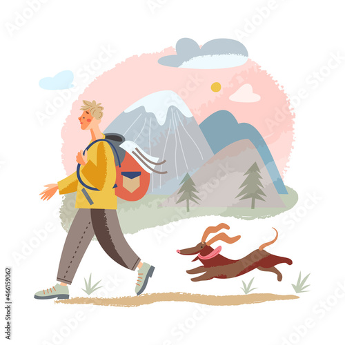 People travel with pet dog, summer vacation trip adventure, man tourist hiking outdoor