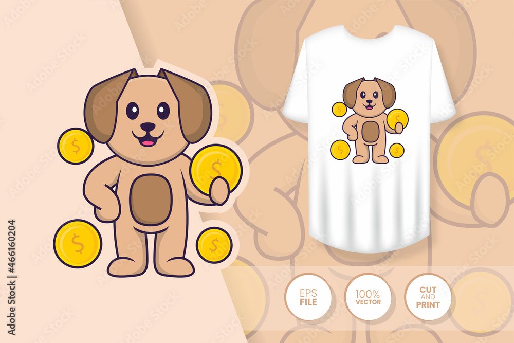 Cute dog cartoon character. Prints on T-shirts, sweatshirts, cases for mobile phones, souvenirs. Isolated vector illustration.
