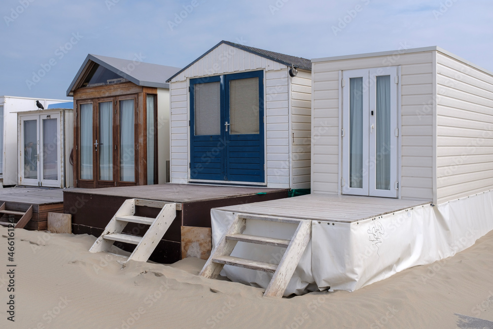 Beach houses on the beach of Wijk aan Zee, Noord-Holland Province, The Netherlands Beach houses on the beach of Wijk aan Zee, Noord-Holland Province, The Netherlands