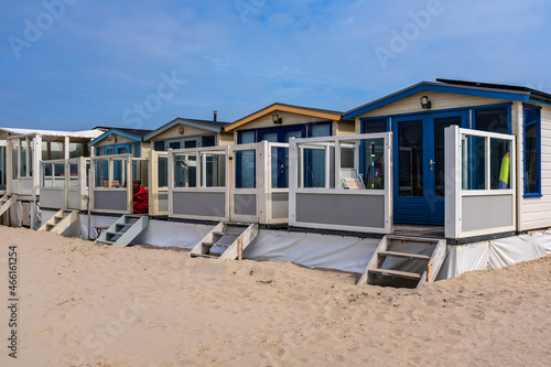 Beach houses on the beach of Wijk aan Zee, Noord-Holland Province, The Netherlands