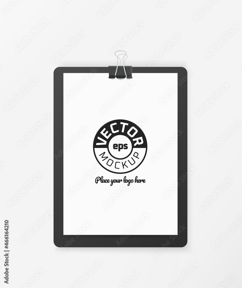 White paper sheet on a tablet. Vector mockup. Place your logo White paper sheet on a tablet. Vector mockup. Place your logo