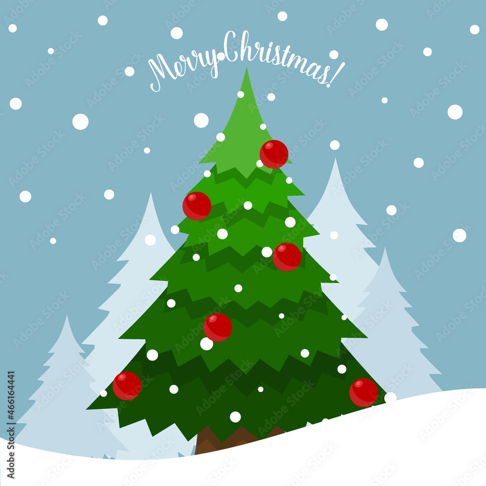 Decorated Christmas tree. Merry Christmas and Happy New Year background. Vector illustration.