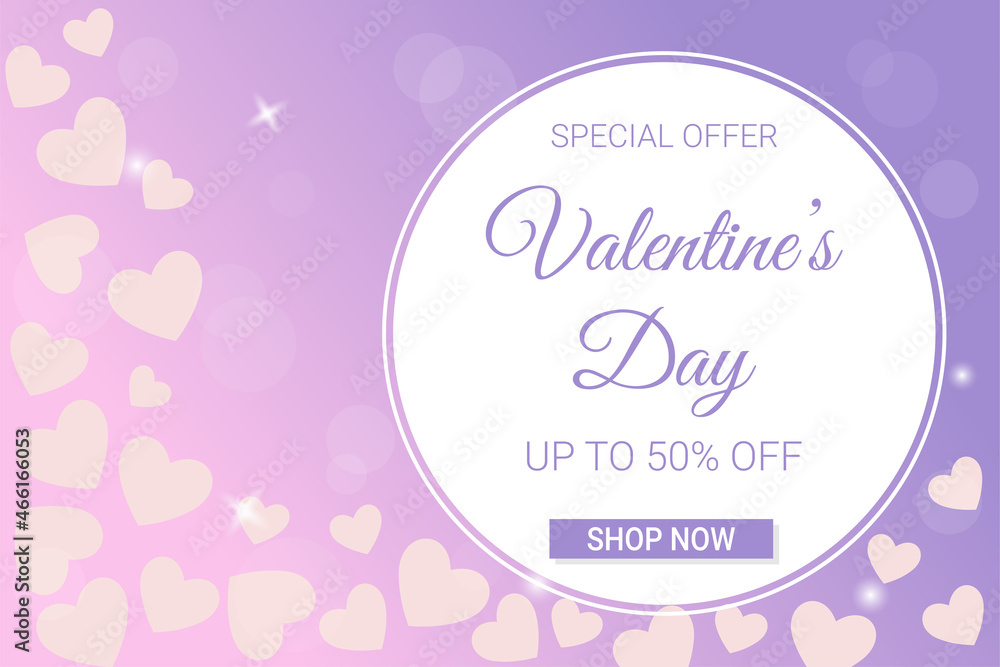 Special offer Valentine's Day horizontal banner template. Discount text on pink and purple gradient background with hearts