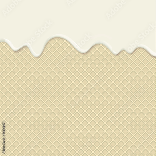 Wafer and flowing white chocolate, cream, milk or yogurt