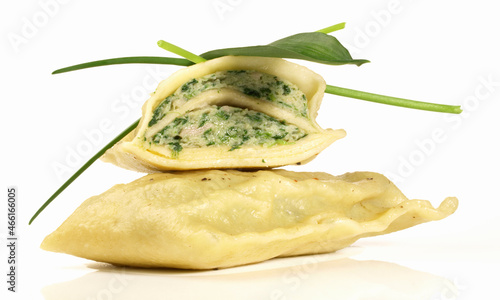 Maultaschen with Chives and Wild Garlic - Isolated on white Background photo