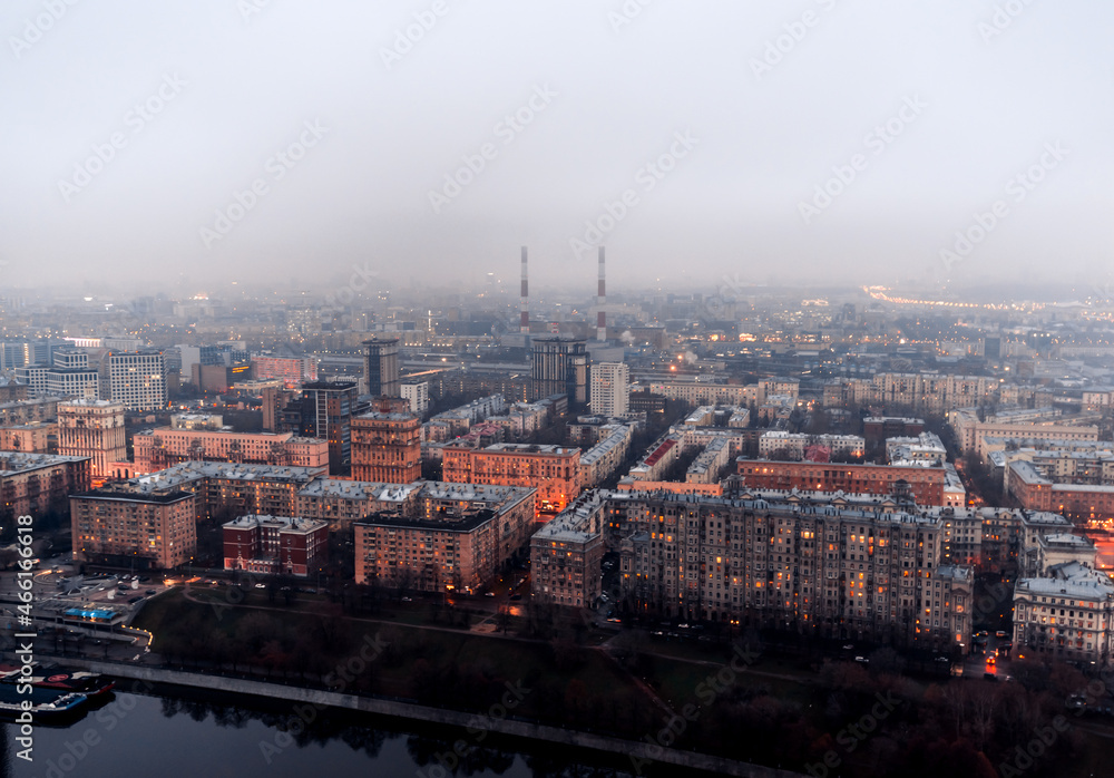 Moscow in the fog view from a height