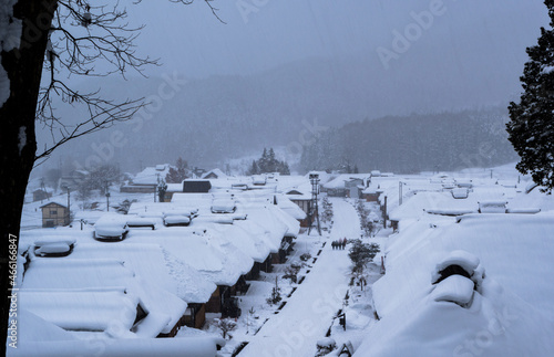 Historical Town under Blanket of Snow: Ouchi-Juku, a district of preserved thatch-roof buildings in Shimogo, Fukushima Prefecture, Japan, during the Edo Period (1603 to 1868).