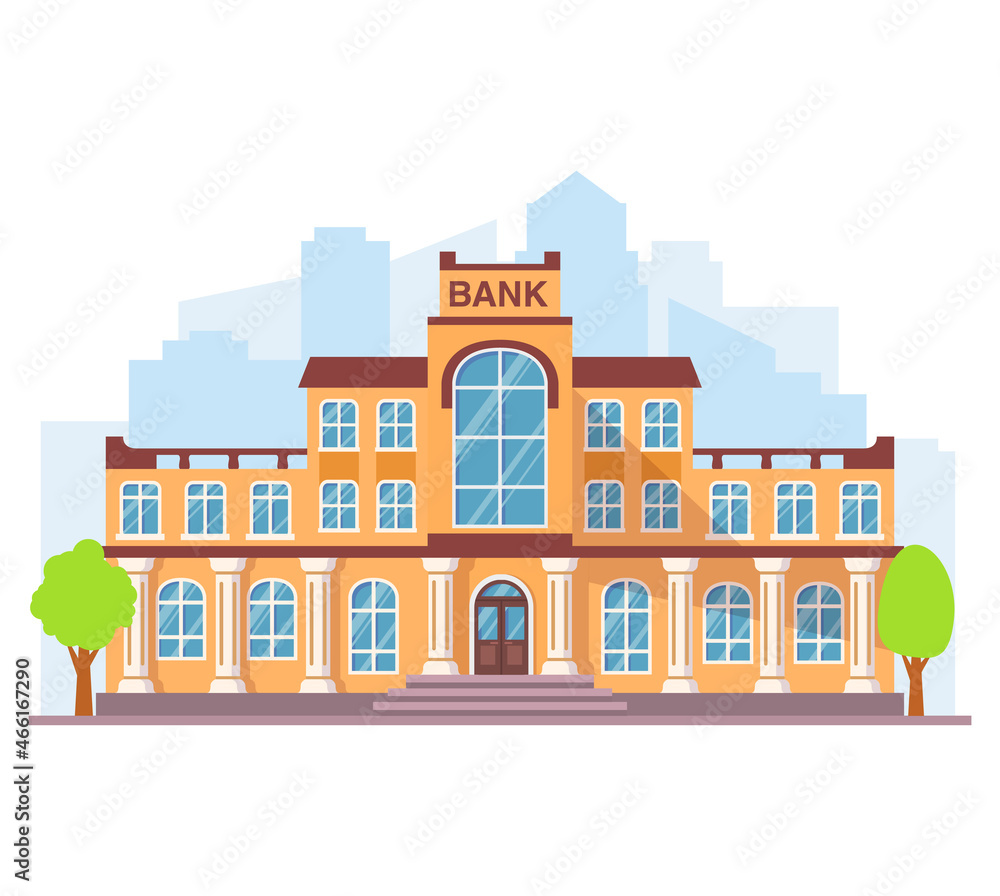 Bank building facade with columns.Bank in the city.Isolated on white background.Vector flat illustration.