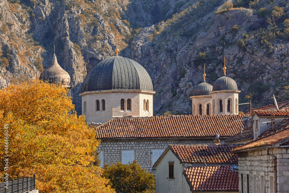 Montenegro, Old Town of Kotor,  UNESCO World Heritage Site. View of Domes of St. Nicholas Church on sunny autumn day