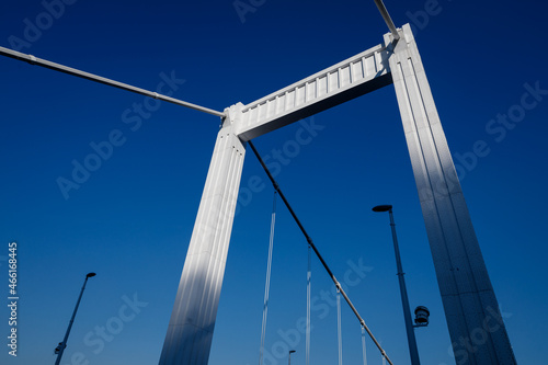 Elizabeth bridge steel structure detail in Budapest with clear blue sky background- view from the bottom