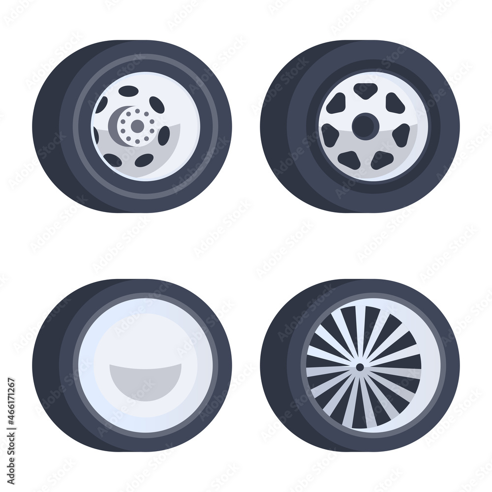 A set of 4 wheels for a car of different structures. Isolated over white background.