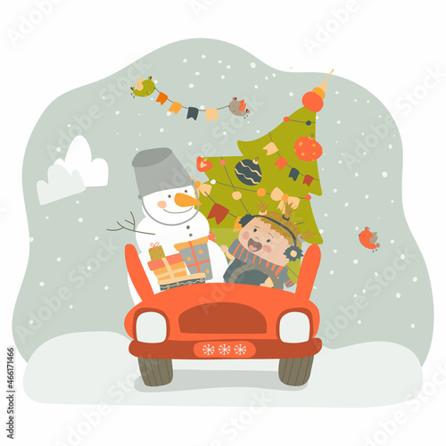 A little girl and a snowman go by car to celebrate Christmas. Friends are carrying a Christmas tree and presents. Vector illustration on white background in cartoon style. Hand drawing. For print.