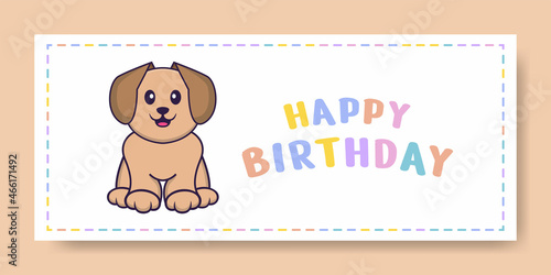 Happy Birthday banner with Cute dog cartoon character. Vector Illustration