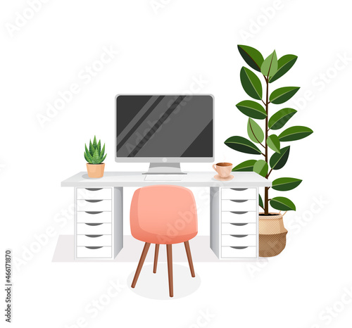 Workspace with computer, table, plant, chair and cup on isolated white background for home office, cabinet, remote work, freelance, teaching. Vector illustration in flat cartoon style.