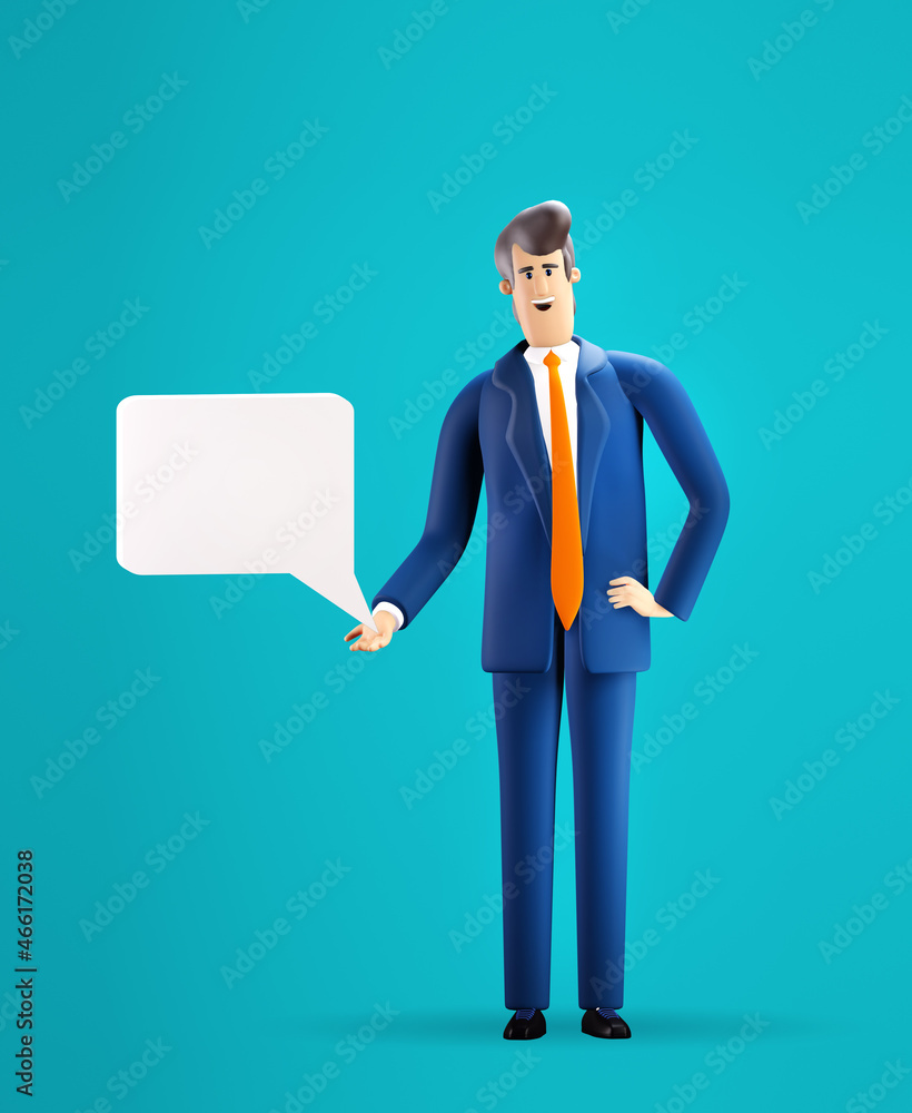 3D rendering illustration. Successful smiling businessman in suit holds speech bubble with space for text or your symbol 3D rendering illustration. Successful smiling businessman in suit holds speech bubble with space for text or your symbol