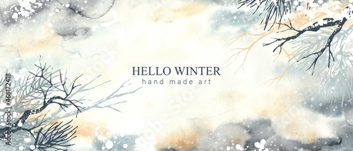 Winter watercolor background. Hand drawn tree, pine branches. Christmas, New Year mood landscape.