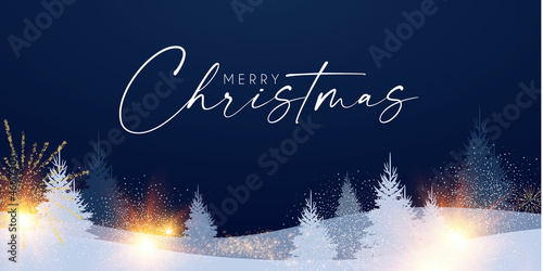 Merry Christmas and Happy New Year design template with fir trees, fireworks and snow. Coniferous forest with lights.