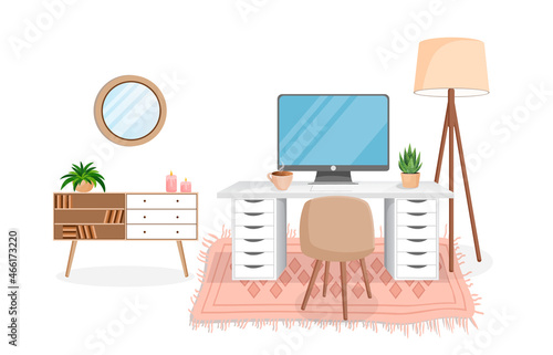 Modern interior for home office with computer, cabinet, remote work, freelancing, education. Workplace with houseplants. Vector illustration in flat cartoon style. Comfortable workplace and apartment.