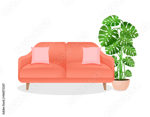 Comfortable luxury red sofa with pink pillows and a house plant of monstera on an isolated white background. Vector illustration of a stylish home couch for interior design. Modern furniture. Icon.
