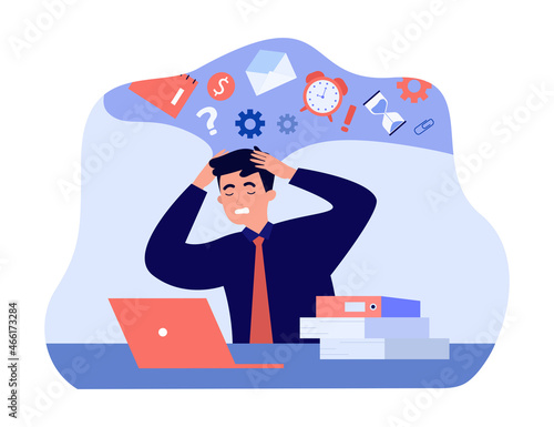 Work overload of tired employee working lot in office. Excess of paperwork for overwhelmed man flat vector illustration. Burnout, multitasking concept for banner, website design or landing web page photo