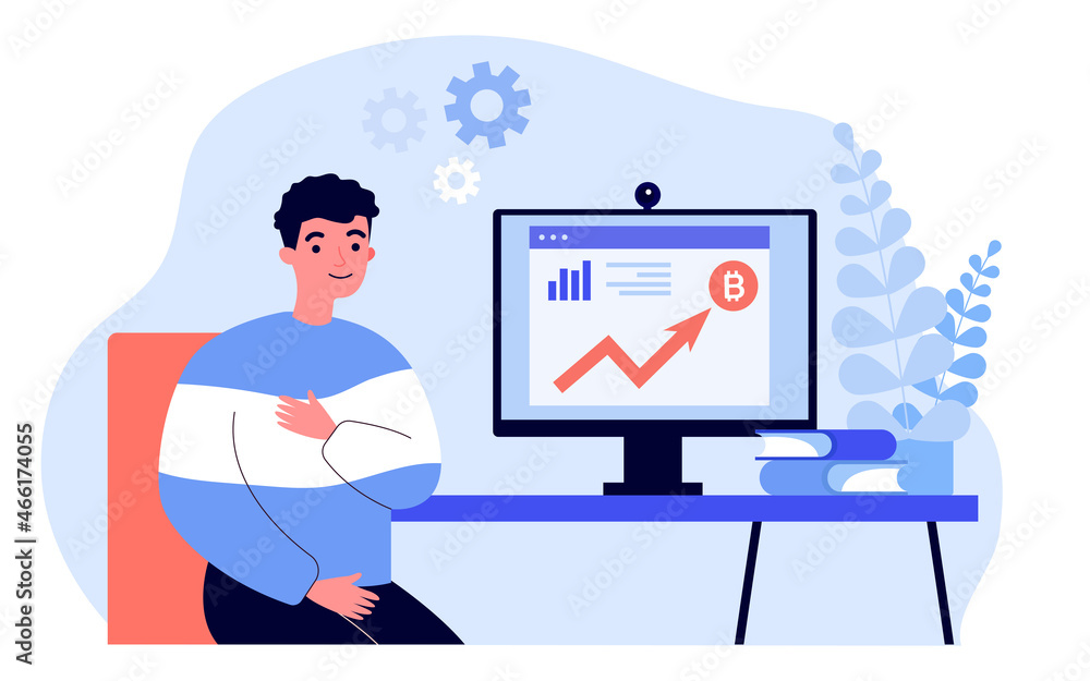 Happy investor looking at growing market graph of cryptocurrency. Man with report on computer screen flat vector illustration. Bitcoin growth concept for banner, website design or landing web page