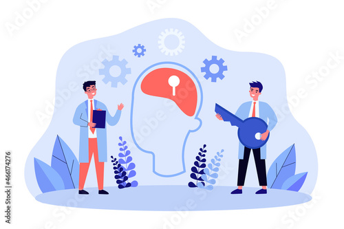 Doctors with key seeking access to brain of patient. Tiny people standing near abstract head flat vector illustration. Psychology, mental health concept for banner, website design or landing web page