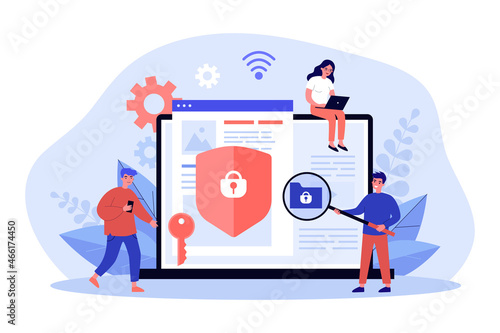 Tiny people protecting social media accounts with shield. Persons networking with phone or laptop flat vector illustration. Cyber security concept for banner, website design or landing web page