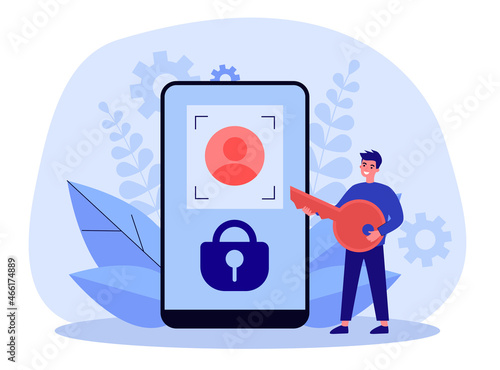 Man using face recognition to access mobile phone. Tiny person holding key flat vector illustration. Biometric identification, verification concept for banner, website design or landing web page