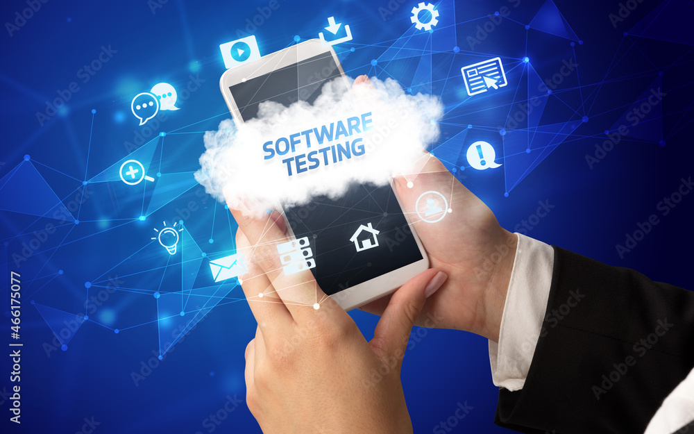 Hand using smartphone with cloud technology concept Hand using smartphone with cloud technology concept