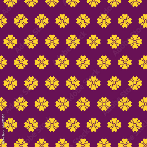 simple vector pixel art multicolor endless pattern of golden blooming flower on purple background. seamless pattern of noble royal golden blooming flower