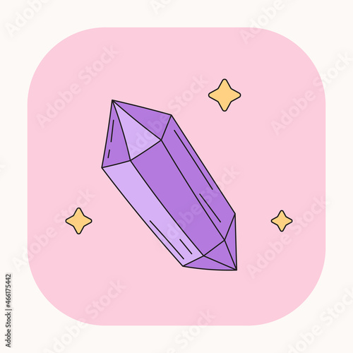 Cute Mystic boho crystal illustration. Hand drawn cartoon colorful mystic jewel  element. Silhouette icon in doodle kawaii design. Esoteric icon on pink background. Vector enchantment art.	