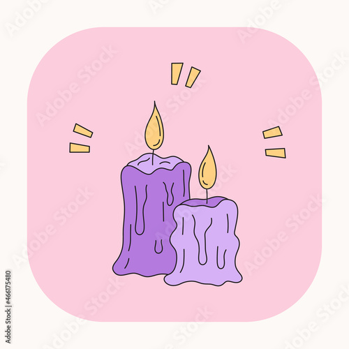 Cute Mystic boho ritual candles  illustration. Hand drawn cartoon colorful candles element. Silhouette icon in doodle kawaii design. Esoteric icon on pink background. Vector magic candles.	
