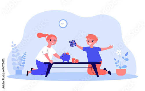 Kids saving pocket money coins in piggy bank. Happy girl and boy with moneybox flat vector illustration. Good financial habit, investment concept for banner, website design or landing web page