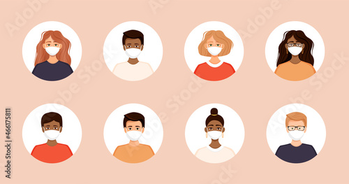 Set of diverse avatars of people in a face mask. Collection of portraits of men and women in a round frame. Prevention of coronavirus, flu, air pollution, viruses and disease. Vector illustration.