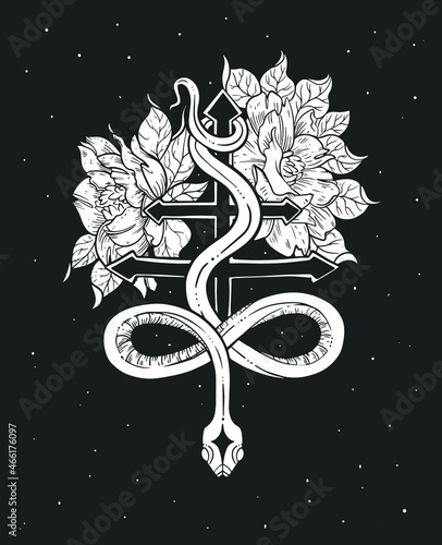 Canvas Print cross of leviathan with a snake and flowers, cross of satan, magic, occult