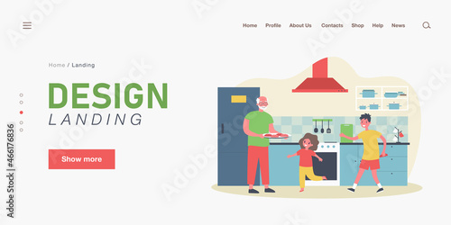 Grandpa cooking with his grandchildren in kitchen. Flat vector illustration. Elderly man holding tray of cookies, girl and boy helping. Family, home, food, vacation, memories, grandparent concept