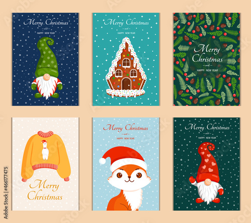 Set of cute Christmas cards. Collection of vector New Year illustrations.