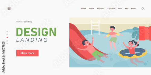 Happy children having fun in swimming pool. Boy on waterslide, kid in inflatable armbands, girl with rubber ring flat vector illustration. Summer activity, vacation concept for banner, website design