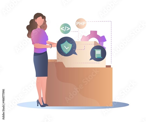 Application service abstract. Girl parses purchase with different programs and services. SaaS Technology, character unpacks box. Cloud computer segment metaphor. Cartoon flat vector illustration