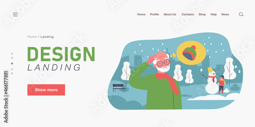 Elderly man freezing without hat in winter street. Flat vector illustration. Old man standing outdoors, remembering hat, boy making snowman in background. Winter, cold, hat, memory, trouble concept