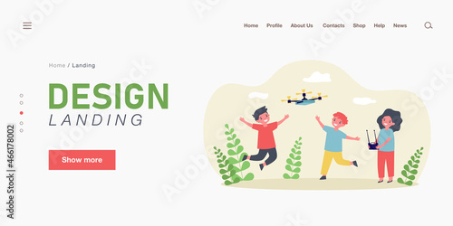 Children flying drone outside. Girl controlling drone with remote  boys running and jumping flat vector illustration. Technology  entertainment concept for banner  website design or landing web page