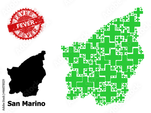 Textured Fever seal, and San Marino map mosaic of green cross icons. Red round stamp seal has Fever tag inside it. San Marino map mosaic is made of green cross items. photo