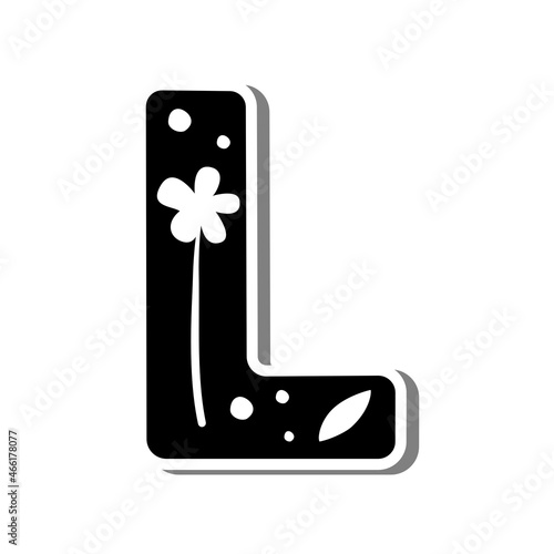 Cute uppercase alphabet 'L' with doodle flower, leaf and dots on white silhouette and gray shadow. Lovely letter design for decoration. Vector Illustration about lettering.