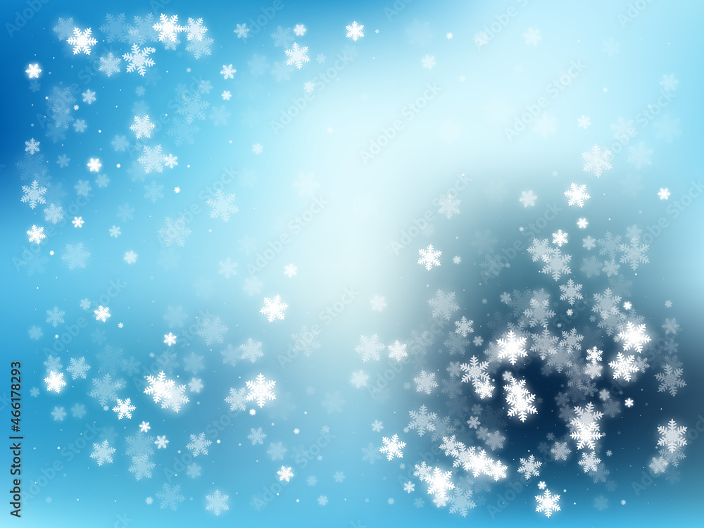 Falling Snow On The Blue Background. Winter background with falling snowflakes.