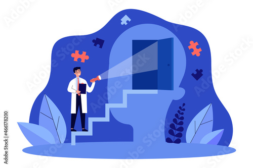 Doctor climbing on ladder to open door in abstract human head. Tiny man looking for direction of therapy flat vector illustration. Psychology concept for banner, website design or landing web page