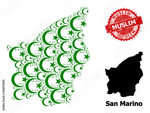 Rubber Muslim seal, and San Marino map mosaic of muslim moon icons. Red round seal contains Muslim text inside it. San Marino map mosaic is composed of muslim moon parts.